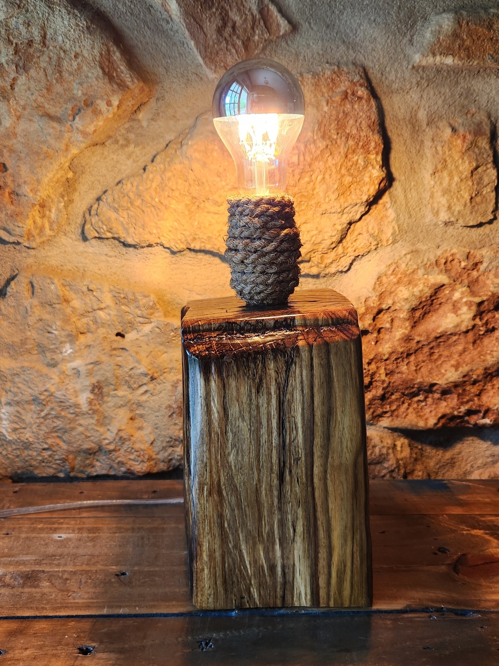 Handmade Custom Rustic Wooden Log Block Table Lamp with Rope Accent